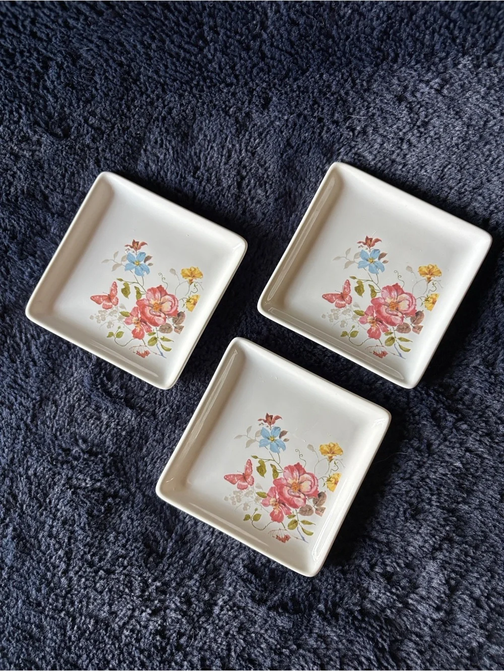 Ceramic Floral Square Trinket Dishes - White with Pink Floral Accent